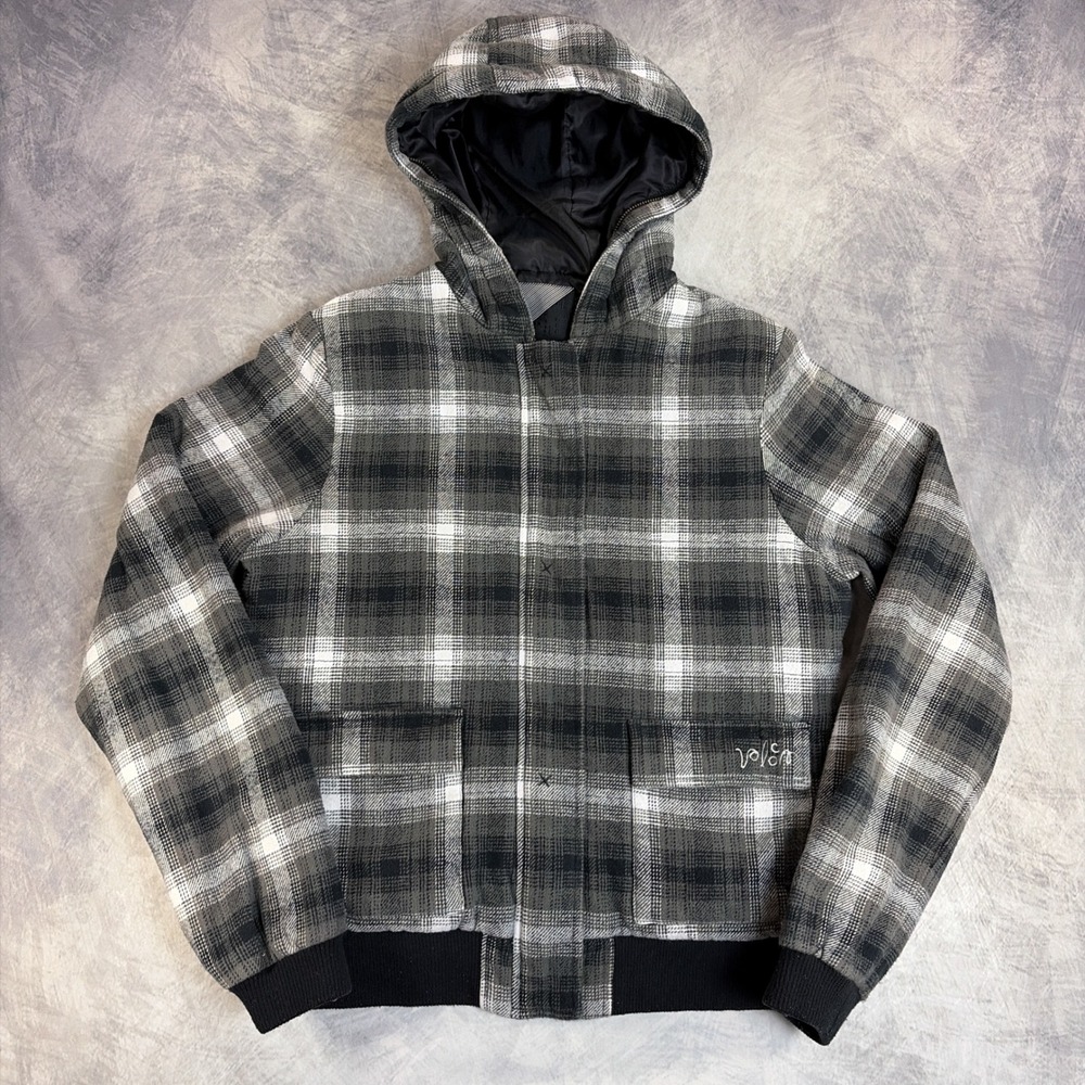 Volcom Intermission Jacket Mens XL Grey Plaid Hooded Flannel Full Zip Padded